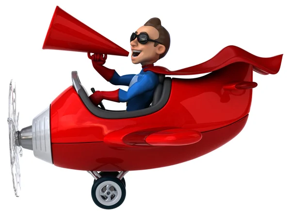 Fun superhero in airplane — Stock Photo, Image