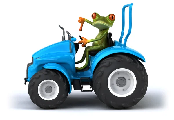 Веселая мультяшная лягушка в тракторе — стоковое фото