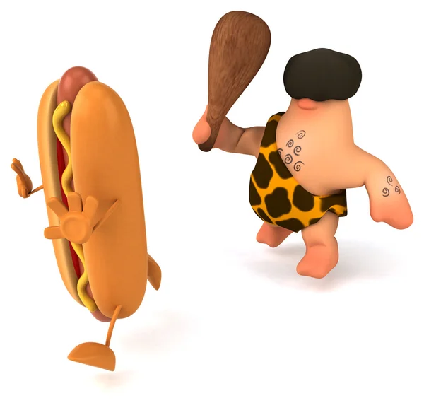 Divertido cavernícola correr por hot-dog — Foto de Stock