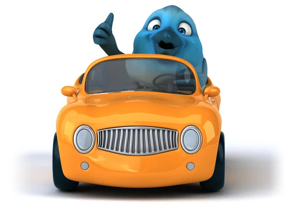 Desenhos animados pássaro azul no carro — Fotografia de Stock
