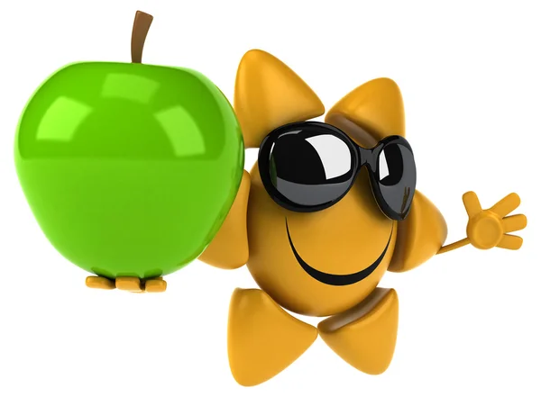 Fun smiling sun on sunglasses with green apple — Stock Photo, Image