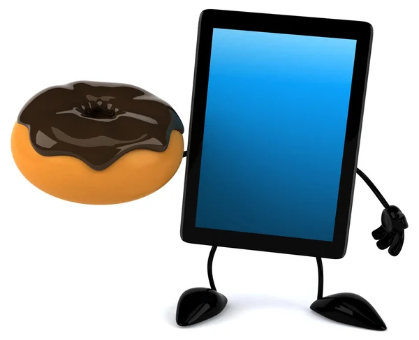 Fun tablet with chocolate doughnut — Stock Photo, Image