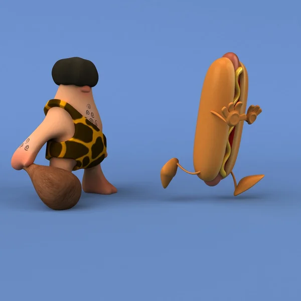 Веселый пещерный человек бегает за хот-догом — стоковое фото