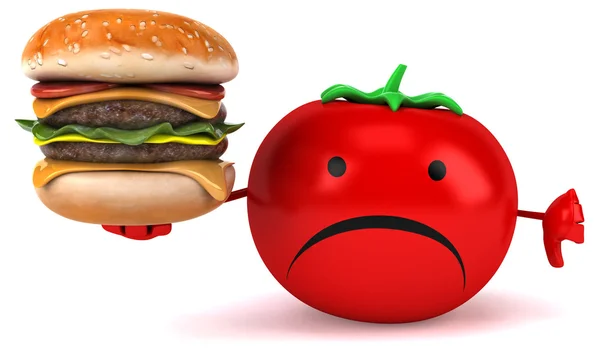 Sad tomato with humburger — Stock Photo, Image