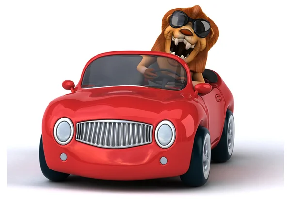 Gracioso león en coche rojo — Foto de Stock