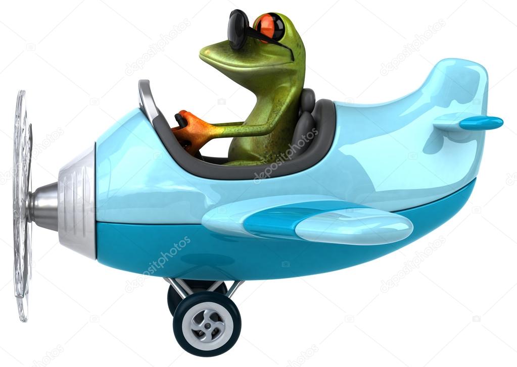 Funny frog in blue airplane