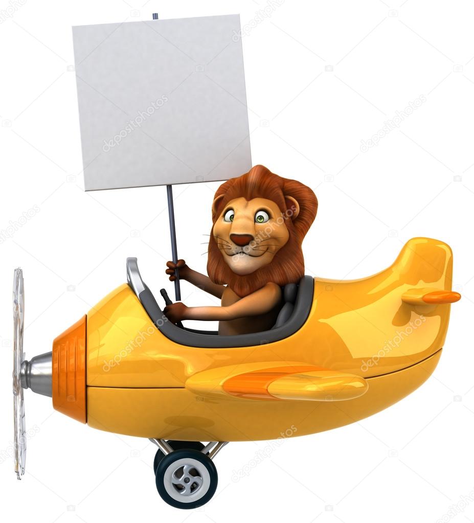 Funny lion in yellow airplane