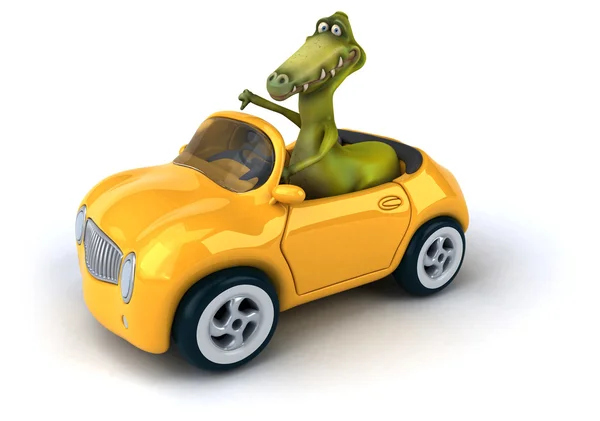 Смешной динозавр в машине — стоковое фото