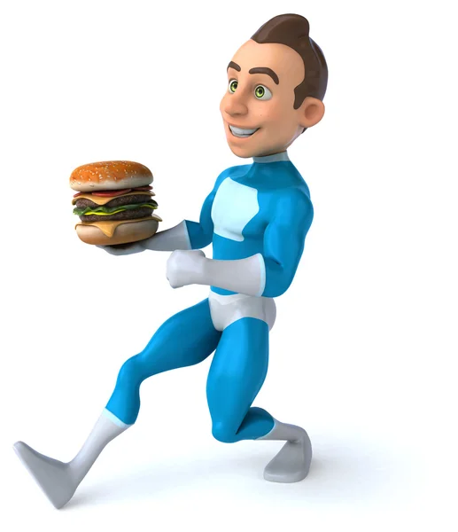 Fun superhero with humburger — Stock Photo, Image