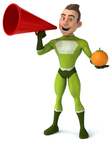 Funny superhero with loudspeaker and orange — Stock Photo, Image