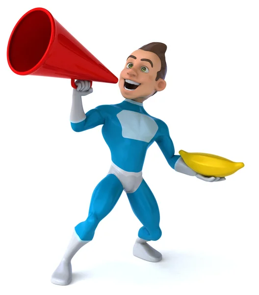 Funny superhero with loudspeaker and banana — Stock Photo, Image