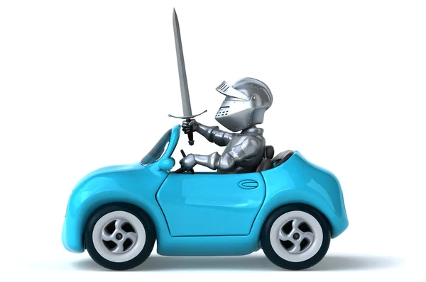 Zabawny rycerza w niebieski samochód — Zdjęcie stockowe