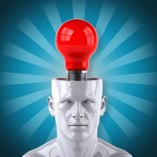 Homem e bulbo vermelho em sua mente — Fotografia de Stock