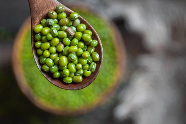 Sağlıklı süper yiyecekler. Ahşap arka planda ahşap kaşıkta pişmemiş yeşil mung fasulyesi. Yakın plan. Üst yaşam