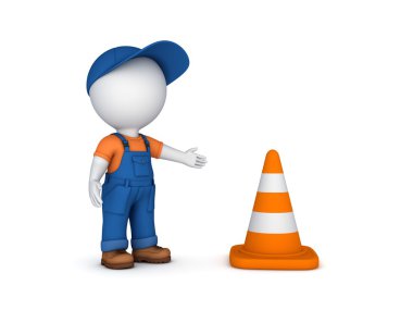 3D küçük kişi ve trafik koni.
