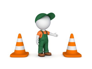 3D küçük kişi ve trafik koni.