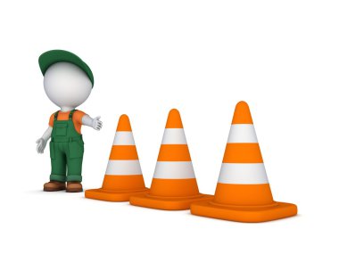 3D küçük kişi ve trafik koni.