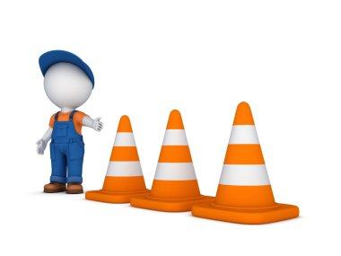 3D küçük kişi ve trafik koni.