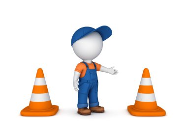 3D küçük kişi ve trafik koni.