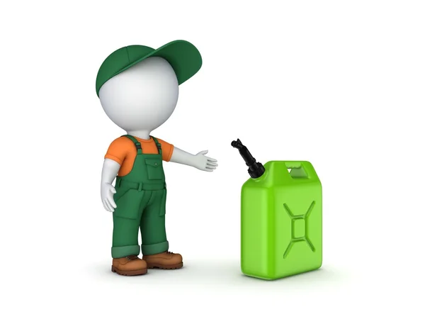 Colorful gasoline jerrycan and 3d small person. — Stock Photo, Image