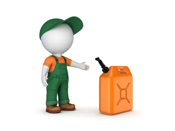 Kleurrijke benzine jerrycan en 3D-kleine persoon. — Stockfoto