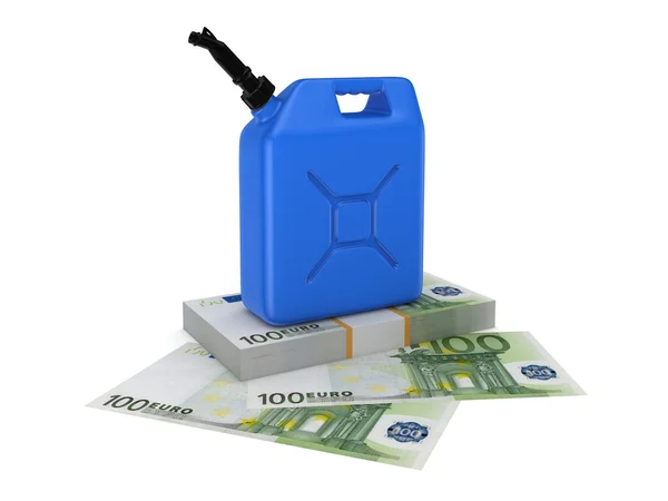 Jerrycan d'essence coloré et paquet d'euro . — Photo