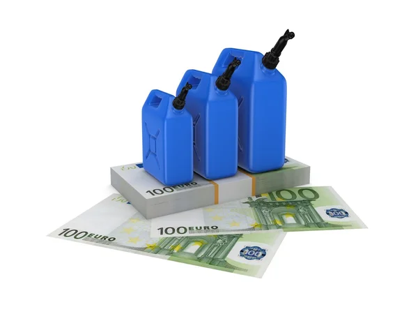 Jerrycan de gasolina colorido e pacote de euro . — Fotografia de Stock