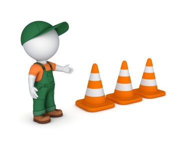 3D küçük kişi ve trafik koni.