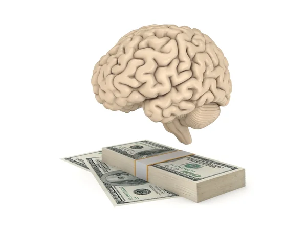 Ludzki mózg i duży stos dolarów. — Zdjęcie stockowe