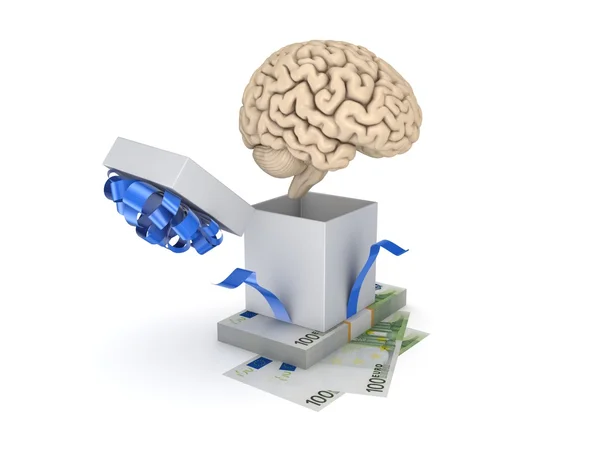 Giftbox, human brain, big pack of euro. — Stock Photo, Image