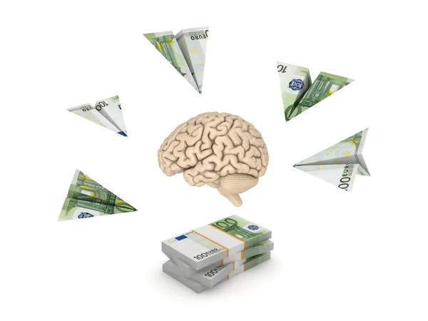 Human brain and pack of euro. — Stock Photo, Image