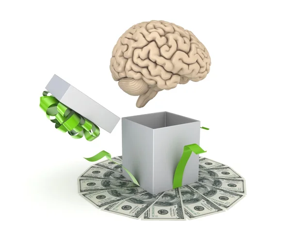 Menschliches Gehirn an einer Geschenkbox. — Stockfoto