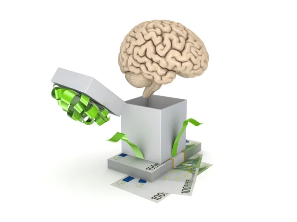 Giftbox, human brain, big pack of euro. — Stock Photo, Image