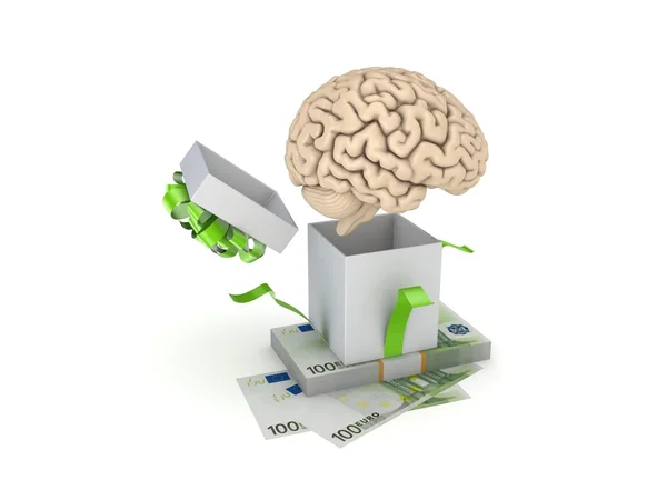 Giftbox, human brain, big pack of euro. — Stock Photo, Image