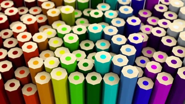 Vele kleurpotloden op de achterkant van de gedraaide verschillende hoogte — Stockfoto