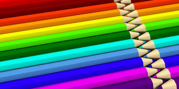 Twee rijen naast elkaar liggen kleurpotloden — Stockfoto