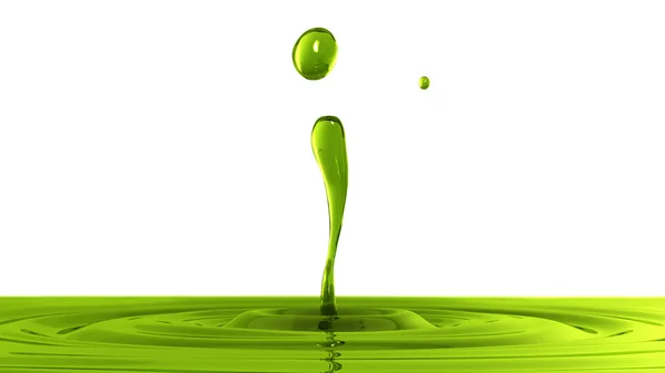 Tropfen Olivenöl-Makro mit Fokuseffekt (Seitenansicht auf weißem Hintergrund) Stockbild
