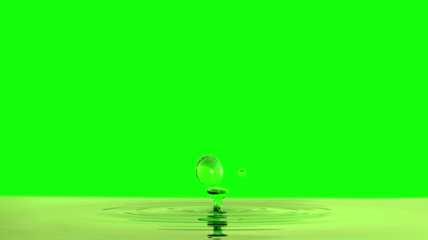 Gota de jugo de manzana macro con el efecto de enfoque (gota 2) en la pantalla verde — Vídeo de stock