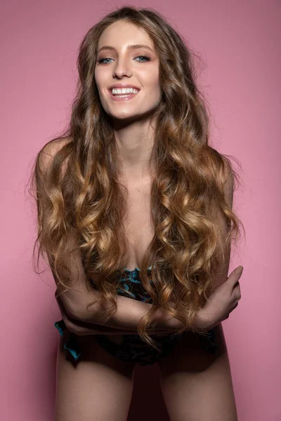 Attractive Beautiful Young Woman Long Curly Hair Posing Pink Background Stock Photo