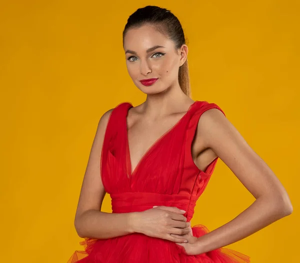 Pretty Young Pin Posing Cute Red Dress Yello Background She — Stock Photo, Image