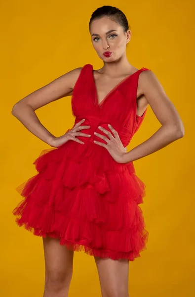 Bonito Engraçado Jovem Pin Menina Com Vestido Vermelho Posando Fundo Fotos De Bancos De Imagens