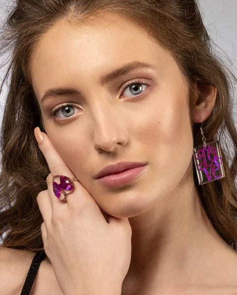 Close Portrait Girl Ring Earrings Colorful Fresh Jellery She White Royalty Free Stock Images