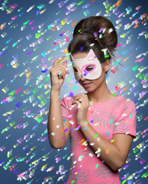 Girl with funny cat mask — Stock Photo, Image