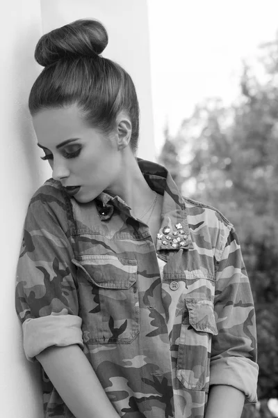 Girl with military urban style BW shot — Stock Photo, Image