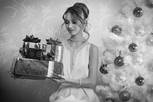 BW elegant female in christmas day — Stock Photo, Image