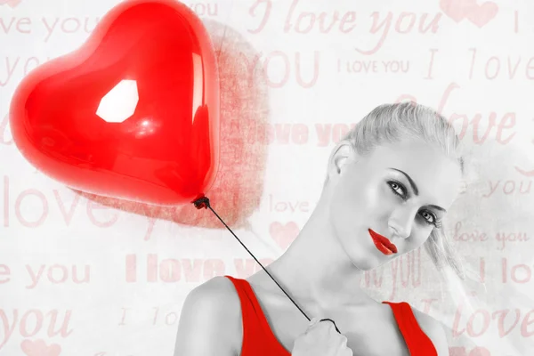 BW shot , of sexy blonde girl with red heart balloon — Stock Photo, Image
