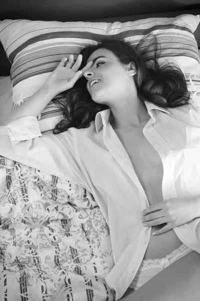 Sexy woman in wake up moment in BW — Stock Photo, Image