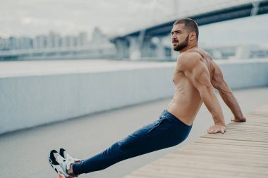 Kaslı sakallı yetişkin adam kaslarını çalıştırırken ters şınav egzersizleri yapıyor çıplak kaslı gövde ile pozlar veriyor temiz hava soluyor, fitness ve sporu seviyor. Dışarıda çalış.