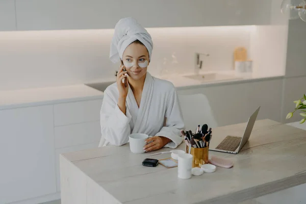 Lovely Female Model Wears Bathrobe Soft Towel Wrapped Head Undergoes — Stock Photo, Image