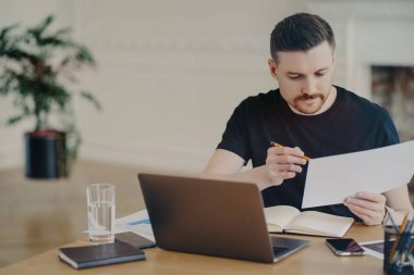 Odaklanmış girişimci belgeyi analiz ediyor, modern ofiste proje raporu üzerinde çalışıyor